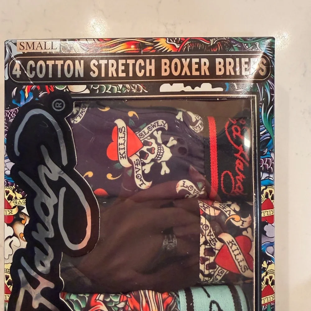 Ed Hardy Cotton Stretch Boxer Briefs 4 Pack (SM 28-30) Soft Skull Dragon Tattoo